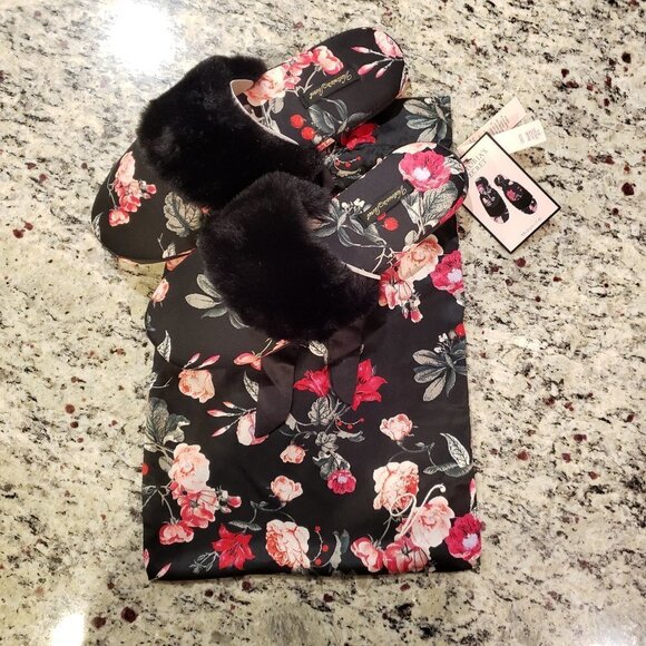 NEW Victoria's Secret Silk Slippers w/Faux Fur - Picture 1 of 4